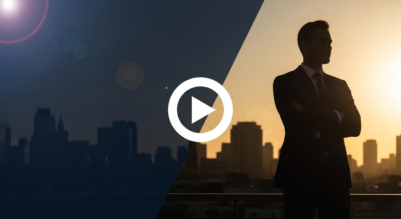 AI_IMAGE: A cinematic video thumbnail with dark navy blue gradient, subtle light streaks, a large centered white play button circle, clean and professional with minimal elements, corporate documentary style | photorealistic | landscape